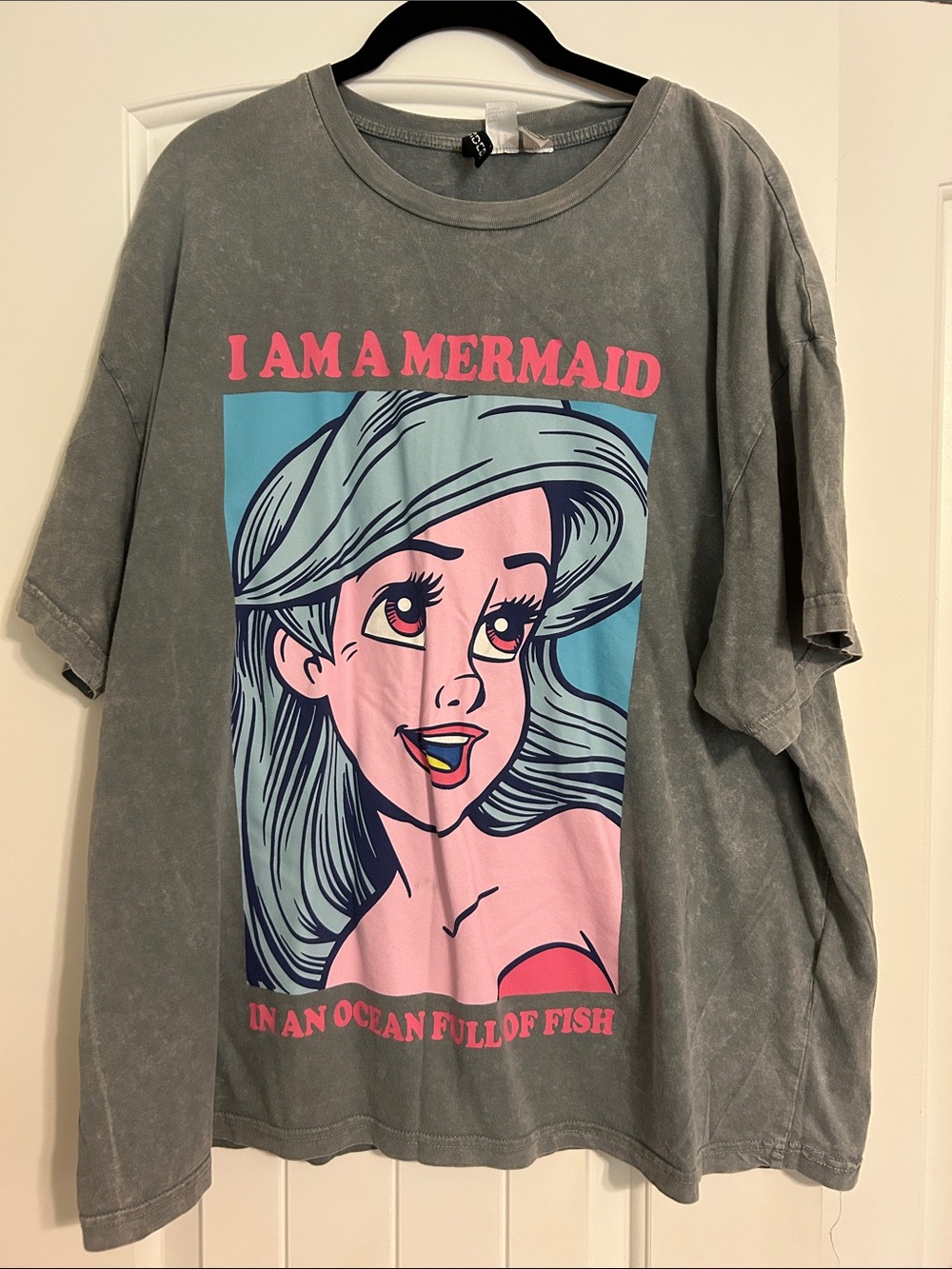 Divided Grey Tee with Pink & Blue Mermaid Graphic
